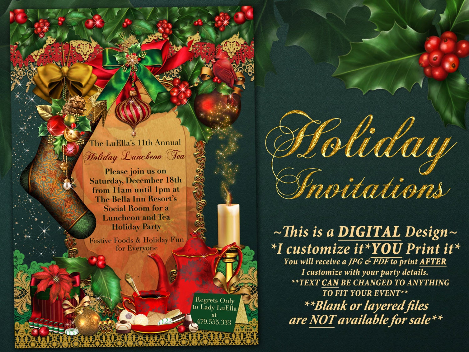 Christmas Party Invitations, Christmas Card, Christmas Dinner Card