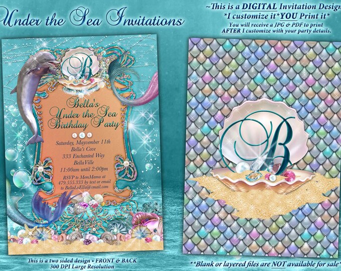 Dolphin Under the Sea Party Invitations, Under the Sea Birthday, Mermaid Dolphin Party Invitation
