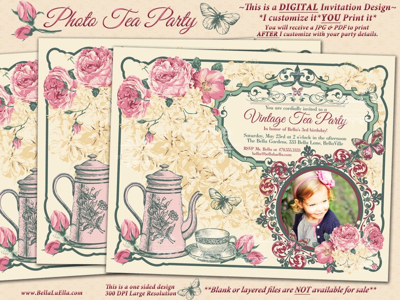 vintage tea party invitation photo card photo card tea party invitations party invitations pink yellow vintage tea party english tea party invitations