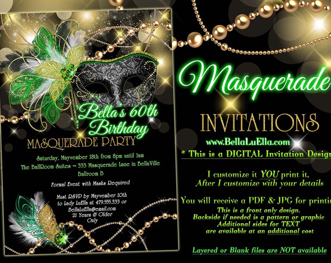 Masquerade Party Invitation, Mardi Gras Party, Party Invitations, Masquerade Invitations, Mis Quince Anos, Quinceanera, Green Black Gold