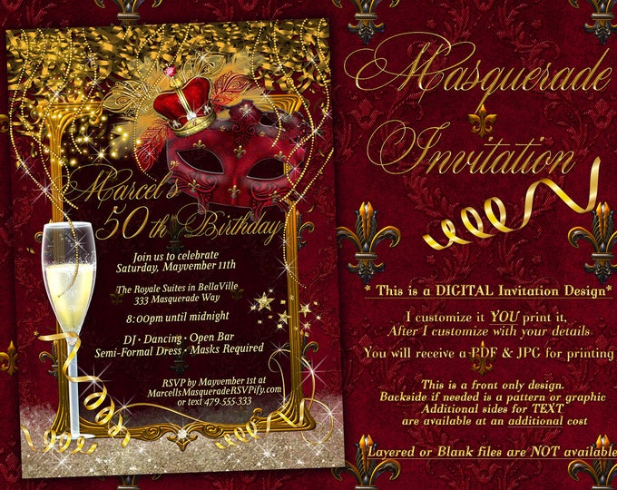Mens Masquerade Party Invitation, Royale Red Mardi Gras Party, Masquerade Prom, Mardi Gras King