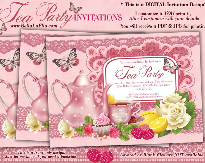 Tea Party Invitation, Bridal Tea Party, Garden Tea Party, Party Invitations, Birthday Tea Party, Berries and Lemons, Pink Tea, Birthday Tea