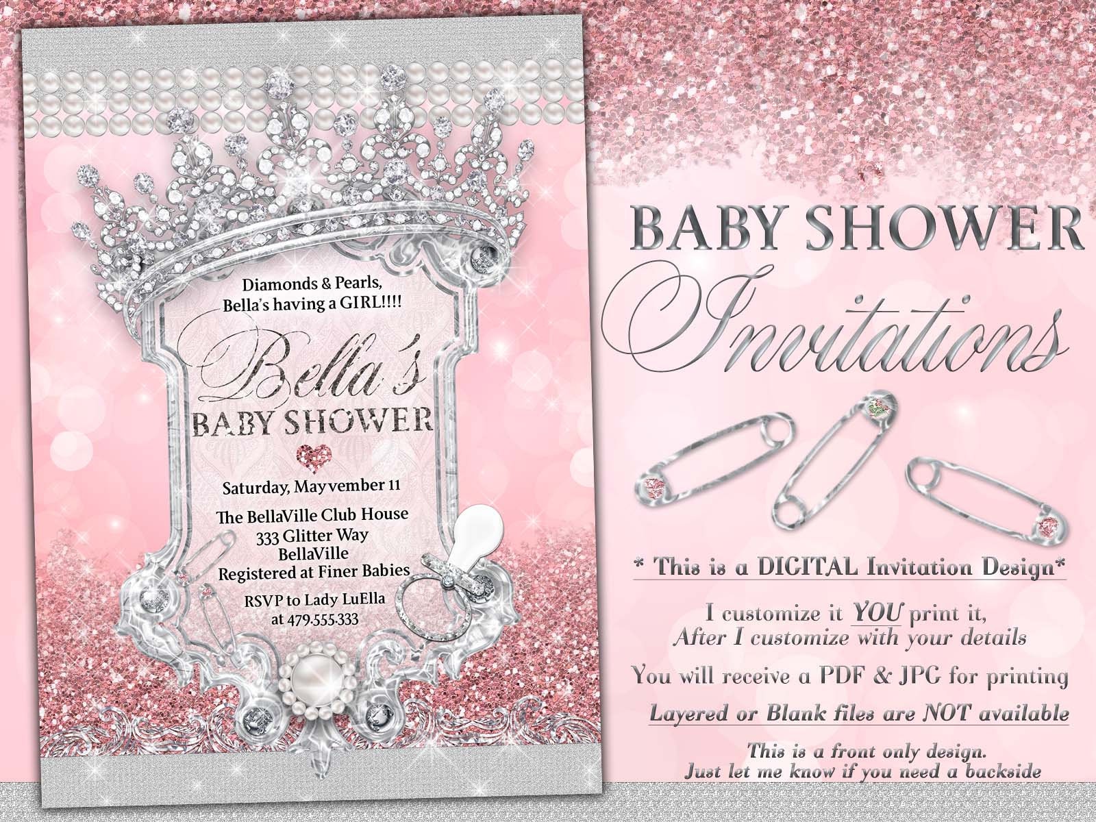 Invitations Paper EDITABLE Princess Invitation Pink Silver Glitter ...