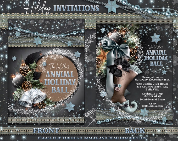 Rustic Holiday Party Invitations, Blue Silver Christmas Invitations, Holiday Office Party