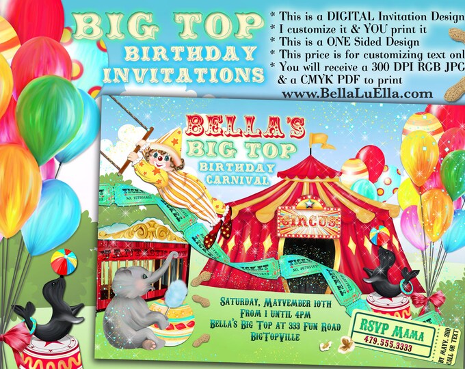 Carnival Birthday Party Invitations, Big Top Birthday Party, Party Invitations, Circus Birthday Party