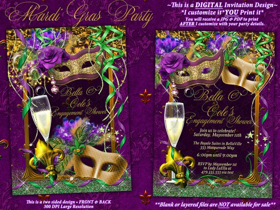 Mardi Gras Engagement Shower Invitation Mardi Gras Masquerade Etsy Uk