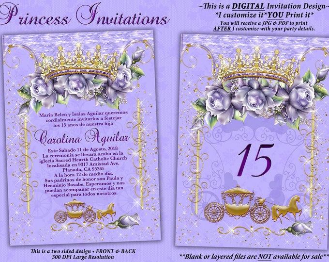 Lavender Tiara Gold Carriage Invitation, Quinceanera Invitation, Birthday Party Invitations, Sweet 16 Party, Mis Quince Años