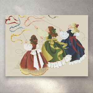 Puede incluir: Obra de arte de punto de cruz que representa a tres mujeres con vestidos coloridos, cada una sosteniendo cintas. Los vestidos son en tonos de rojo, verde y azul, con detalles blancos. Las cintas son de varios colores, creando una escena caprichosa.