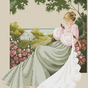 May include: Cross-stitch pattern of a woman in a pink dress and a long, flowing green skirt, seated in a garden. The scene includes a house, a path, and a profusion of pink roses. The image has a vintage, romantic aesthetic.