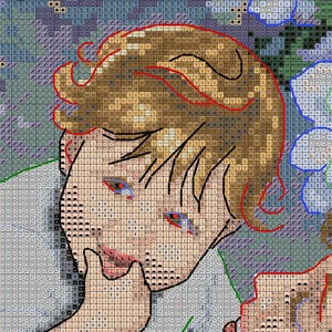 May include: Cross-stitch pattern featuring a detailed illustration of a person with light brown hair and blue eyes. The design includes a floral background with white and blue flowers, and is outlined in red, green, and black.