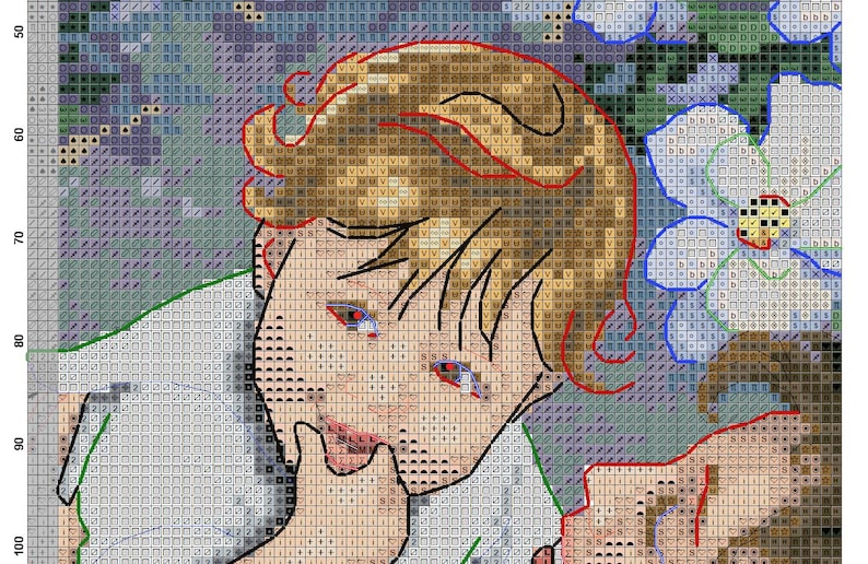 May include: Cross-stitch pattern featuring a detailed illustration of a person with light brown hair and blue eyes. The design includes a floral background with white and blue flowers, and is outlined in red, green, and black.