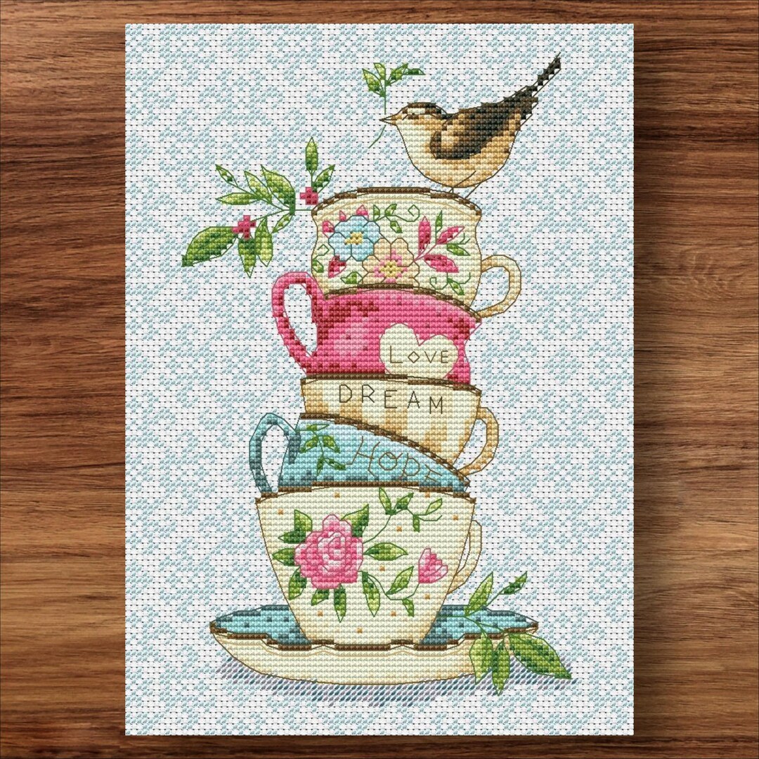 Cross Stitch Pattern Stacked Tea Cups PDF + Xsd Saga, Kitchen, Coffee ...