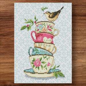 Cross Stitch Pattern Stacked Tea Cups PDF + xsd Saga, Kitchen, Coffee Cup Set, Modern Home Decor, Digital File, Instant Download