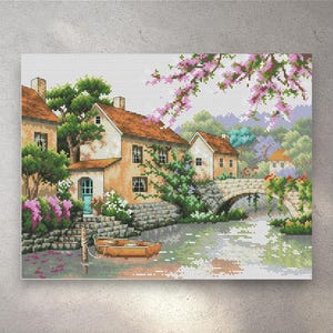Cross Stitch Pattern Village Canal, PDF + Saga, Bridge, House, River, Boat, Nature, Embroidery, Counted Cross Stitch, Instant Download
