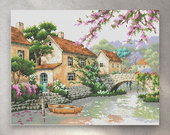 Cross Stitch Pattern Village Canal, PDF + Saga, Bridge, House, River, Boat, Nature, Embroidery, Counted Cross Stitch, Instant Download
