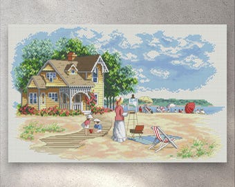 Cross Stitch Pattern Seaside Retreat, PDF+XSD SAGA, Summer Landscape, Cottage Counted, Beach, Sea, Sun, Victorian, Instant Digital Download