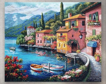 Cross Stitch Pattern Lakeside Village, PDF+XSD SAGA, Summer Landscape, Seaside, Counted Cross Stitch, Instant Digital Download