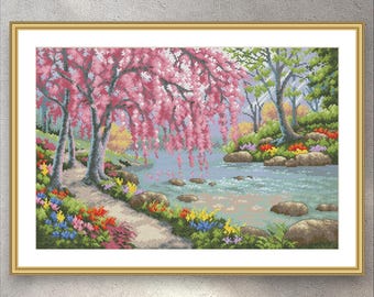 Digital Cross Stitch Pattern Cherry Blossom Creek, PDF+XSD SAGA, Sakura, Spring Landscape, Counted Cross Stitch, Instant Download
