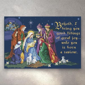 Patrón de punto de cruz Sagrada Familia, PDF + xsd SAGA, He aquí un salvador, Adornos navideños, Belén, Descarga instantánea en PDF digital