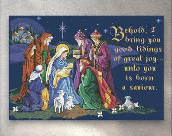 Cross Stitch Pattern Holy Family, PDF + xsd SAGA, Behold a saviour, Christmas Ornaments, Nativity Scene, Instant Digital PDF Download