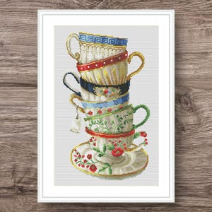 Cross Stitch Pattern Tea Cups PDF +xsd Saga, Kitchen Cross Stitch Pattern, Coffee Cup Set, Modern Home Decor, Digital File, Instant Download