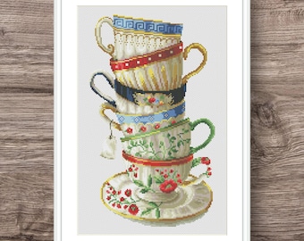 Cross Stitch Pattern Tea Cups PDF +xsd Saga, Kitchen Cross Stitch Pattern, Coffee Cup Set, Modern Home Decor, Digital File, Instant Download