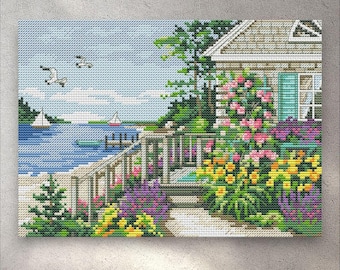 Cross Stitch Pattern Bayside Cottage, PDF+XSD SAGA, Summer Landscape, Seaside, Beach, Lake, Holiday, Flowers, Instant Digital Download