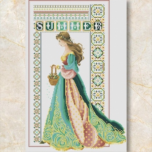 Cross Stitch Pattern Lady Summer Alternative Colors 1, PDF+XSD Saga, Basket, Seasons, Miss Queen, Women Dress, Instant PDF Download