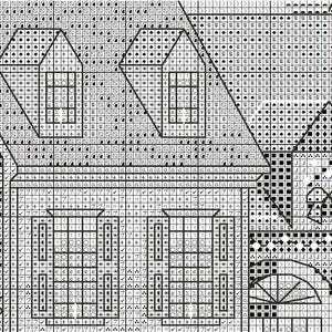 May include: A black and white cross-stitch pattern depicting a house with multiple gabled roofs, windows, and architectural details. The design is composed of small squares and symbols, creating a detailed image of a building.