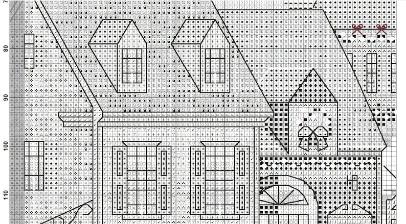 May include: A black and white cross-stitch pattern depicting a house with multiple gabled roofs, windows, and architectural details. The design is composed of small squares and symbols, creating a detailed image of a building.