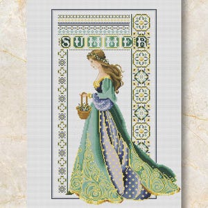 Cross Stitch Pattern &quot;Lady Summer&quot; PDF + XSD Saga, Gold Purple, Seasons, Miss Queen, Women Dress,  Modern Home Decor, Instant PDF Download