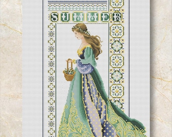 Cross Stitch Pattern "Lady Summer" PDF + XSD Saga, Gold Purple, Seasons, Miss Queen, Women Dress,  Modern Home Decor, Instant PDF Download