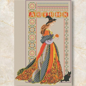 Cross Stitch Pattern Lady Halloween, PDF + XSD Saga, Keeper, Autumn Gold, Fall Seasons, Miss Queen, Women Dress,  Instant PDF Download
