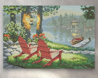 Cross Stitch Pattern Twilight's Calm, PDF + XSD SAGA, Summer Landscape, Quaint Country Retreat, Forest, Instant Digital Download