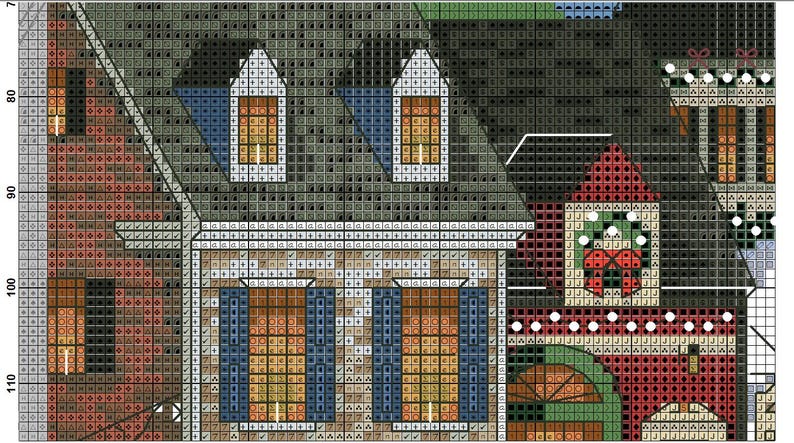 May include: A detailed cross-stitch pattern depicting a village scene with buildings, windows, and rooftops. The color palette includes shades of brown, green, blue, and red, creating a cozy, detailed image. The pattern is ideal for craft enthusiasts.