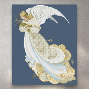 May include: Cross-stitch artwork of an angel in a flowing white gown with gold accents and large white wings. The angel holds a star and is set against a dark blue background. The artwork has a detailed, textured appearance.