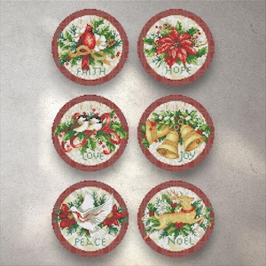 May include: Six round Christmas ornaments with red borders. Each features a different holiday image: a cardinal, poinsettia, birds, bells, dove, and reindeer. The words "Faith", "Hope", "Love", "Joy", "Peace", and "Noel" are displayed.