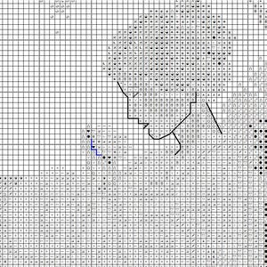 May include: A cross-stitch pattern featuring a profile of a person's face. The design is rendered in black and white, with a grid background. The pattern includes various symbols and a blue line.
