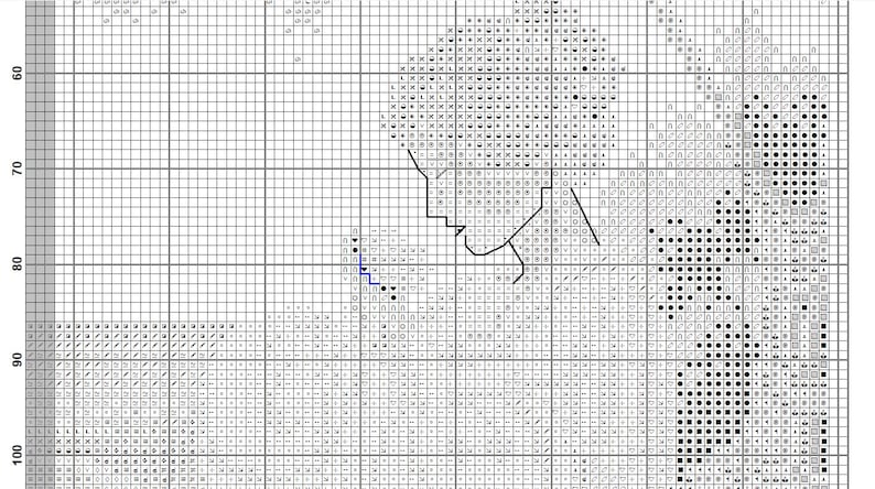 May include: A cross-stitch pattern featuring a profile of a person's face. The design is rendered in black and white, with a grid background. The pattern includes various symbols and a blue line.