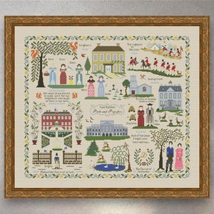 Cross Stitch Pattern Pride and Prejudice PDF + XSD Saga,  Seasons,  Women Dress,  Antique Sampler, Home, Cottage, Instant PDF Download