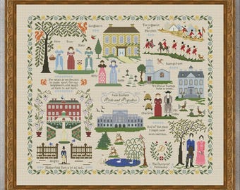 Cross Stitch Pattern Pride and Prejudice PDF + XSD Saga,  Seasons,  Women Dress,  Antique Sampler, Home, Cottage, Instant PDF Download