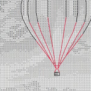 Puede incluir: Patr&oacute;n de punto de cruz con un dise&ntilde;o de globo aerost&aacute;tico. El globo est&aacute; delineado en negro con l&iacute;neas de soporte rojas. El fondo es un patr&oacute;n pixelado en tonos grises y blancos, que se asemeja a un cielo nublado.