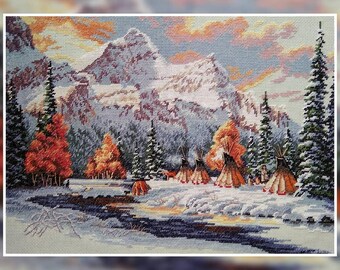 Cross Stitch Pattern Early Snow, PDF + XSD SAGA, Winter Landscape Pattern, Mountain Snow, Instant Digital Download