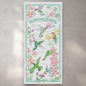 May include: A cross-stitch artwork featuring various hummingbird species, surrounded by floral elements. The artwork includes the word "HUMMINGBIRDS" and labels for each bird, such as "Ruby Throated" and "Calliope". The color palette includes green, pink, and purple.