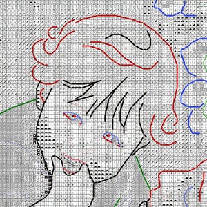 May include: Cross-stitch pattern featuring a stylized portrait of a person with red hair and blue eyes. The design uses black, red, green, and blue outlines on a gray and white grid background. The image is a cross-stitch chart.