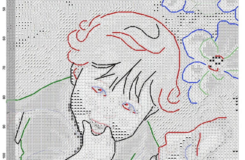May include: Cross-stitch pattern featuring a stylized portrait of a person with red hair and blue eyes. The design uses black, red, green, and blue outlines on a gray and white grid background. The image is a cross-stitch chart.