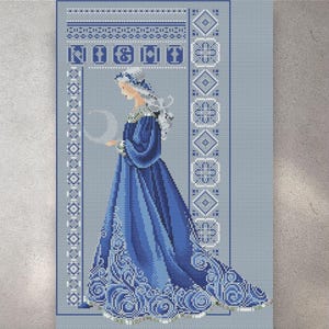 Cross Stitch Pattern Christmas Lady Night Blue, PDF+XSD Saga, Keeper, Gold Purple, Seasons, Miss Queen, Women Dress,   Instant PDF Download