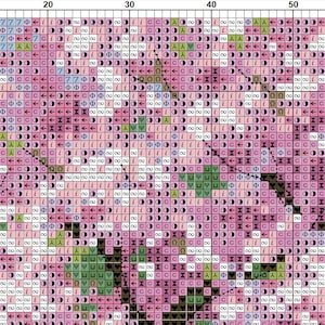 May include: A cross-stitch pattern featuring a floral design in shades of pink, green, and white. The pattern is composed of small, square stitches, creating a detailed and textured image. The design appears to be a close-up of flowers.