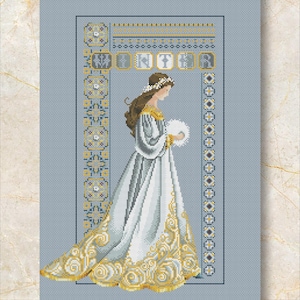 PDF + XSD Saga &quot;Lady Winter&quot; Cross Stitch Pattern, Gold Purple, Seasons, Miss Queen, Women Dress,  Modern Home Decor, Instant PDF Download