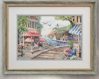 Digital Cross Stitch Pattern Cafe by the Sea, PDF + XSD SAGA, Summer Landscape, Summer town, Cottage Counted Cross Stitch, Instant Download